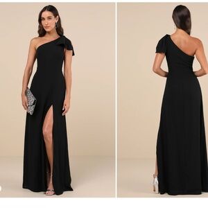 Lulus Simply Brilliant Black One-Shoulder Bow Maxi Dress (L)